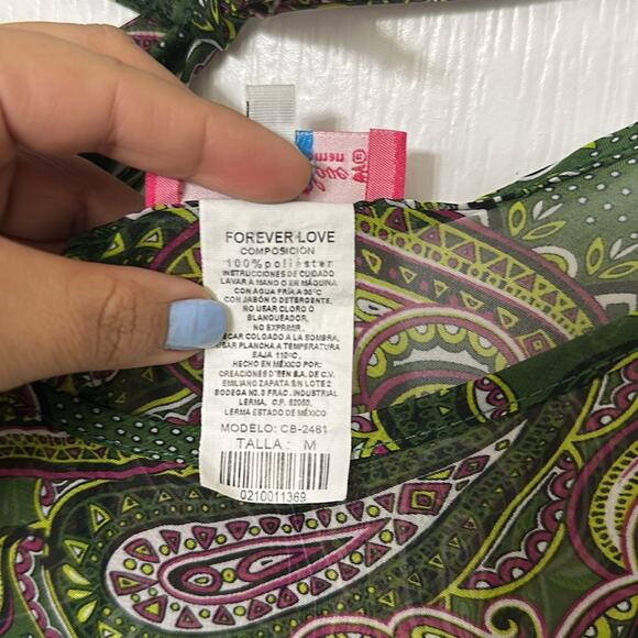 Forever love green Paisley green and pink cover up sheer top size M - Picture 3 of 4